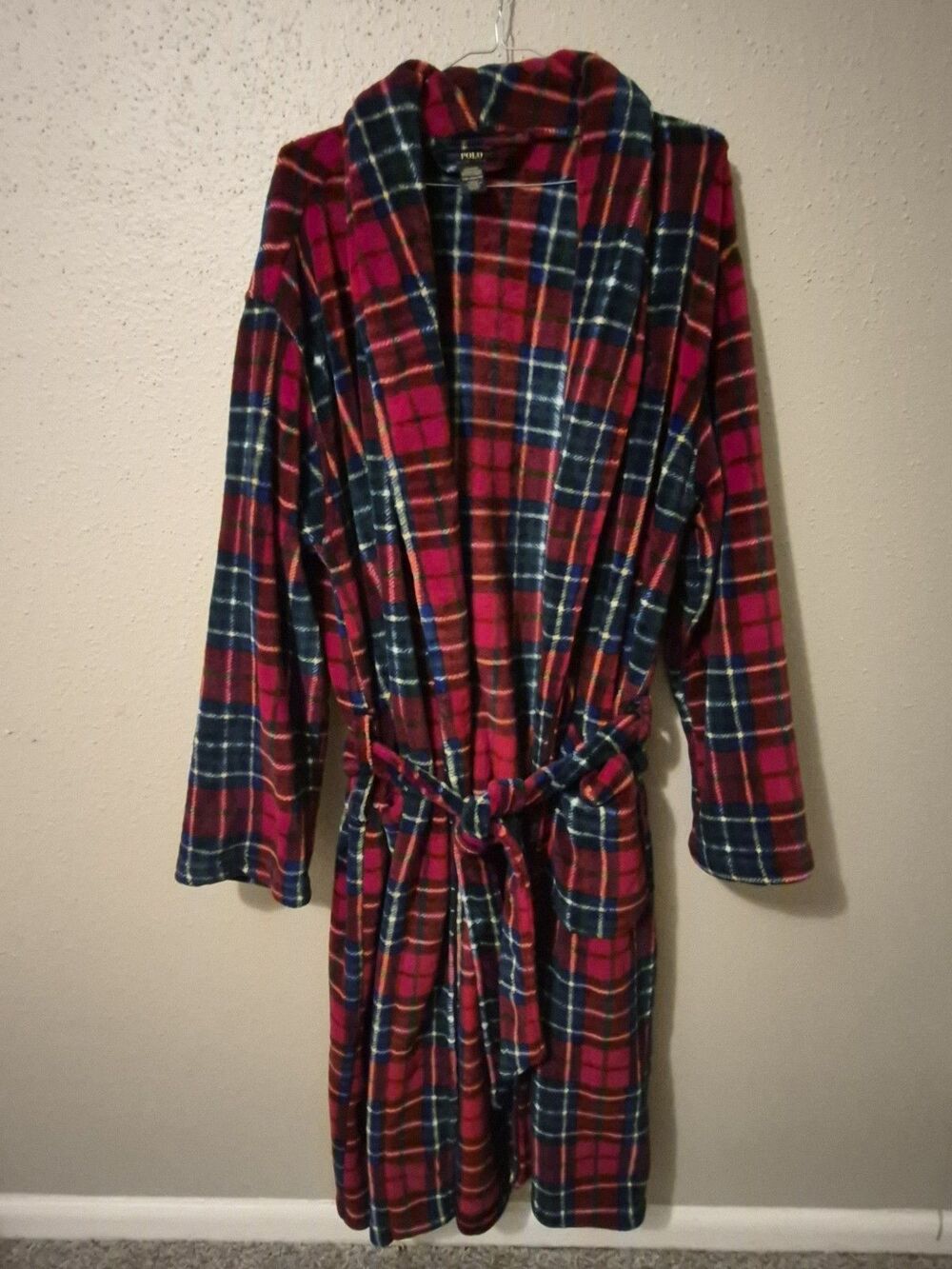 $95 Mens Polo Ralph Lauren Shawl Collar Plush Robe Wrap Red Tartan Plaid S/M